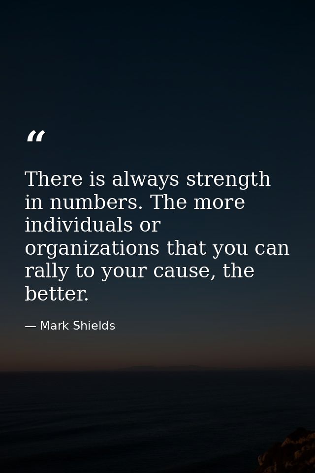 There is always strength in numbers. The more individuals or organizations that you can rally to your cause, the better. — Mark Shields