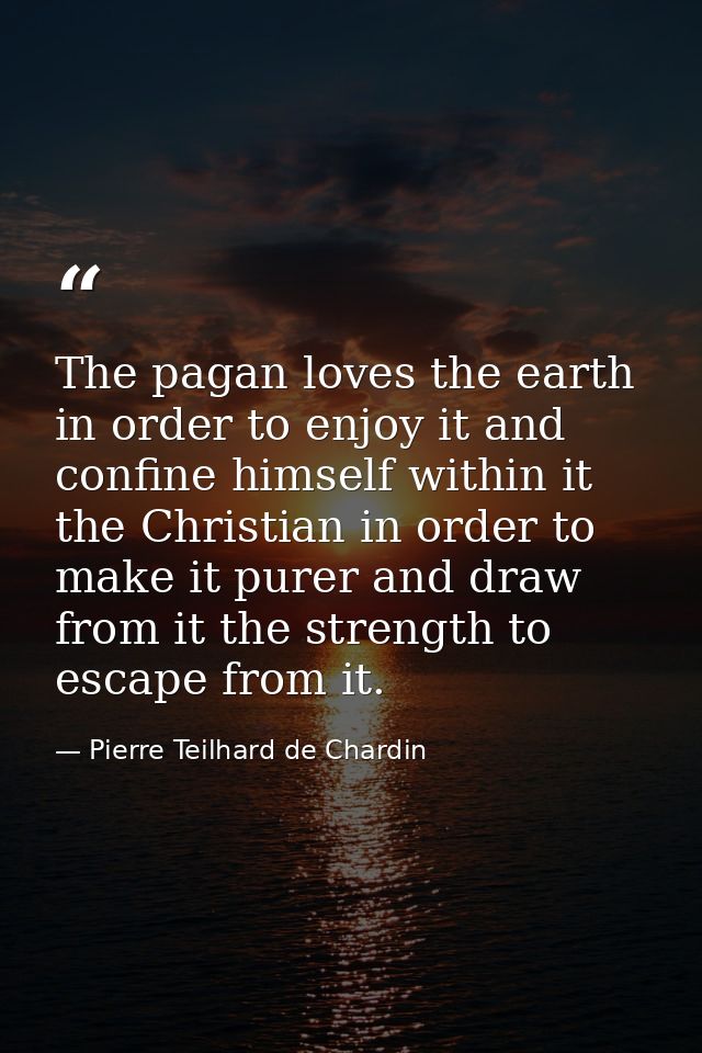 The pagan loves the earth in order to enjoy it and confine himself within it the Christian in order to make it purer and — Pierre Teilhard de Chardin