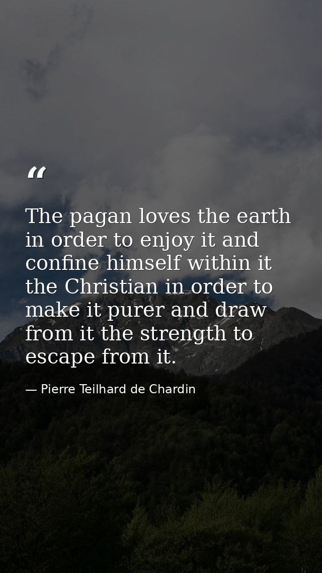 The pagan loves the earth in order to enjoy it and confine himself within it the Christian in order to make it purer and — Pierre Teilhard de Chardin