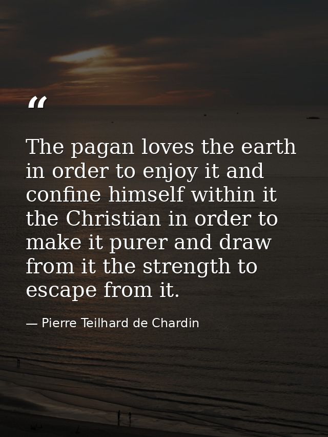 The pagan loves the earth in order to enjoy it and confine himself within it the Christian in order to make it purer and — Pierre Teilhard de Chardin