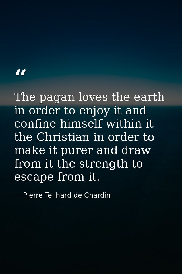 The pagan loves the earth in order to enjoy it and confine himself within it the Christian in order to make it purer and — Pierre Teilhard de Chardin