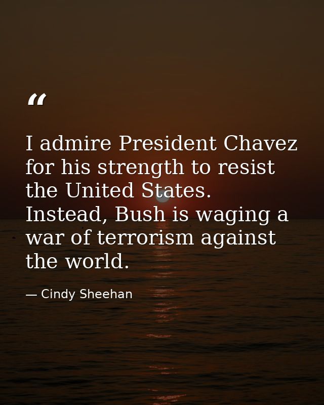 I admire President Chavez for his strength to resist the United States. Instead, Bush is waging a war of terrorism again — Cindy Sheehan