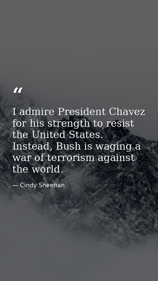I admire President Chavez for his strength to resist the United States. Instead, Bush is waging a war of terrorism again — Cindy Sheehan