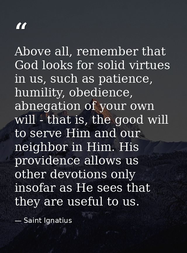 Above all, remember that God looks for solid virtues in us, such as patience, humility, obedience, abnegation of your ow — Saint Ignatius
