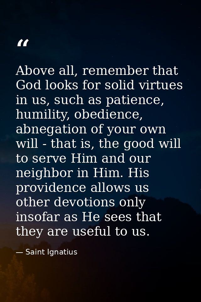 Above all, remember that God looks for solid virtues in us, such as patience, humility, obedience, abnegation of your ow — Saint Ignatius