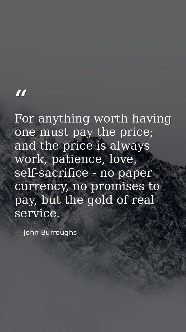 For anything worth having one must pay the price; and the price is always work, patience, love, self-sacrifice - no pape — John Burroughs