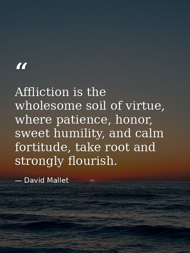Affliction is the wholesome soil of virtue, where patience, honor, sweet humility, and calm fortitude, take root and str — David Mallet