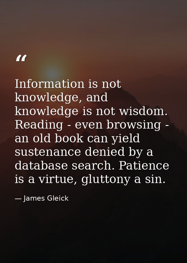 Information is not knowledge, and knowledge is not wisdom. Reading - even browsing - an old book can yield sustenance de — James Gleick