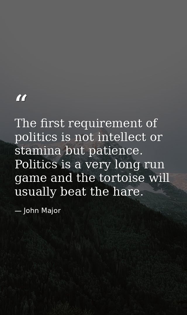 The first requirement of politics is not intellect or stamina but patience. Politics is a very long run game and the tor — John Major