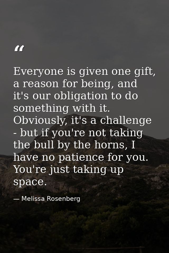Everyone is given one gift, a reason for being, and it's our obligation to do something with it. Obviously, it's a chall — Melissa Rosenberg