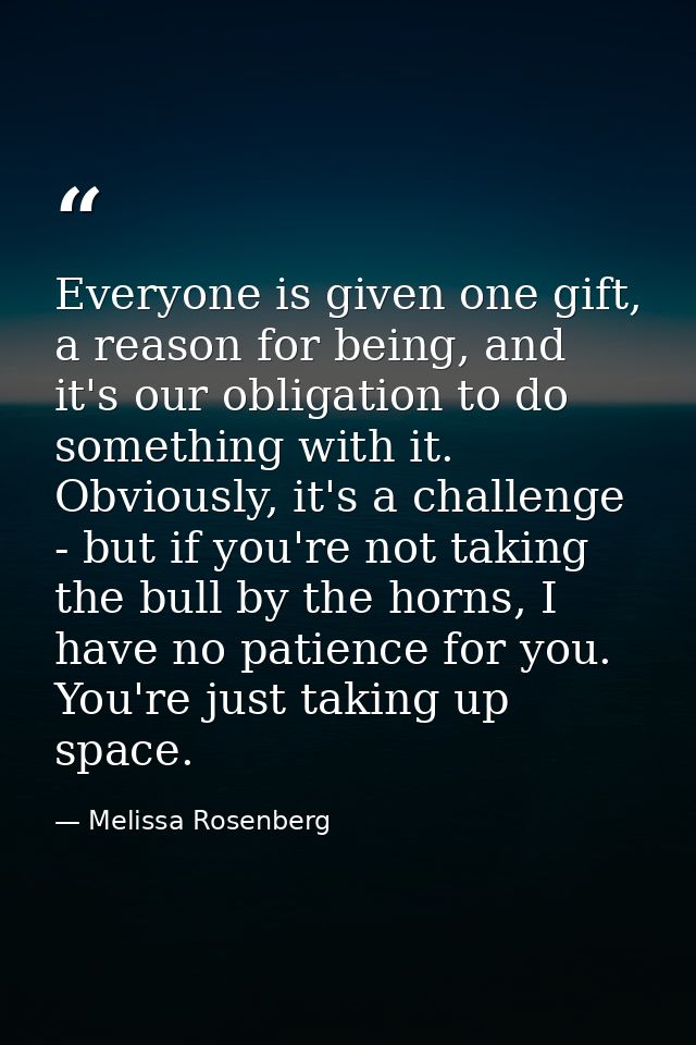 Everyone is given one gift, a reason for being, and it's our obligation to do something with it. Obviously, it's a chall — Melissa Rosenberg