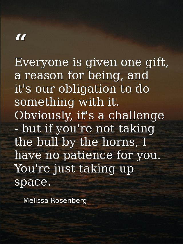 Everyone is given one gift, a reason for being, and it's our obligation to do something with it. Obviously, it's a chall — Melissa Rosenberg