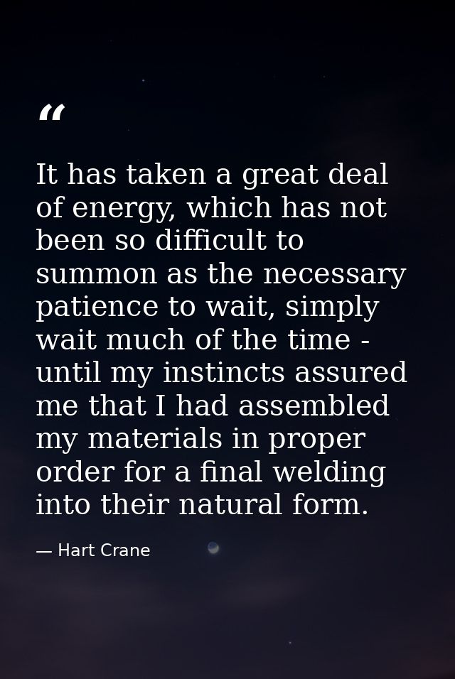 It has taken a great deal of energy, which has not been so difficult to summon as the necessary patience to wait, simply — Hart Crane