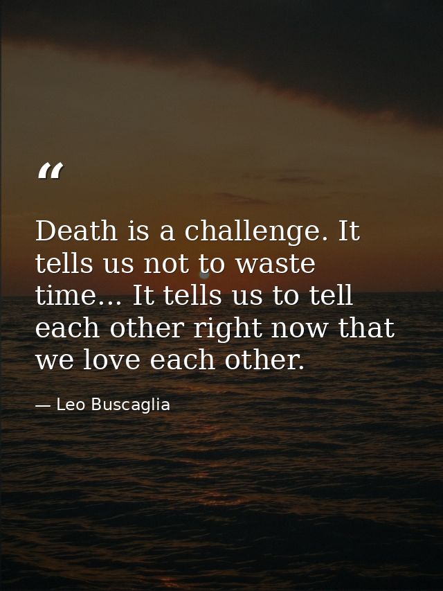 Death is a challenge. It tells us not to waste time... It tells us to tell each other right now that we love each other. — Leo Buscaglia