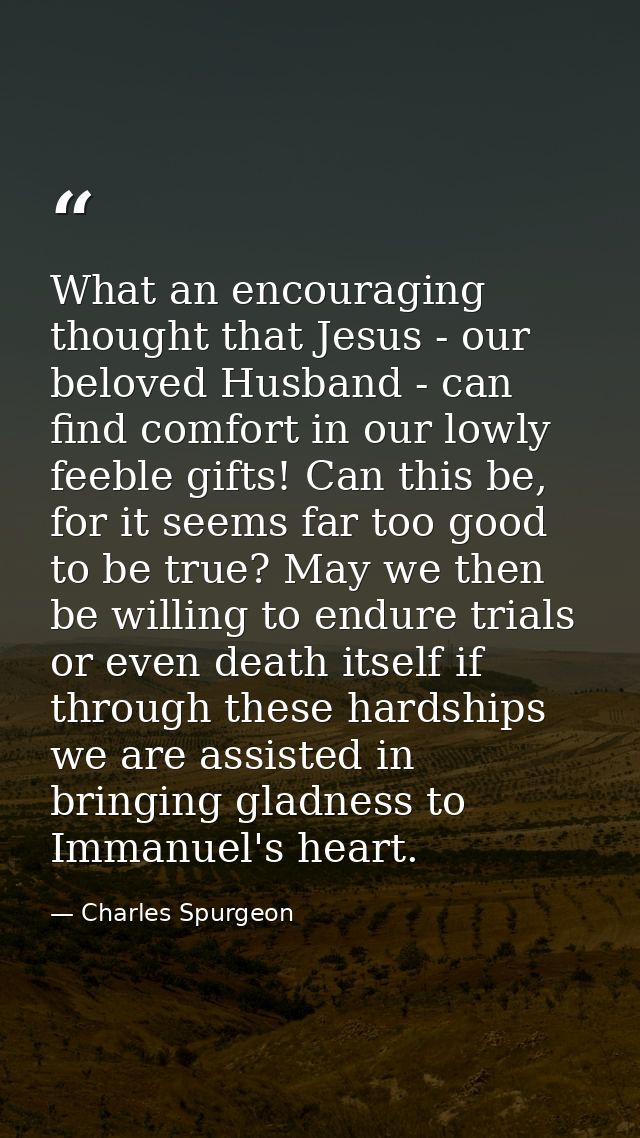 What an encouraging thought that Jesus - our beloved Husband - can find comfort in our lowly feeble gifts! Can this be,  — Charles Spurgeon