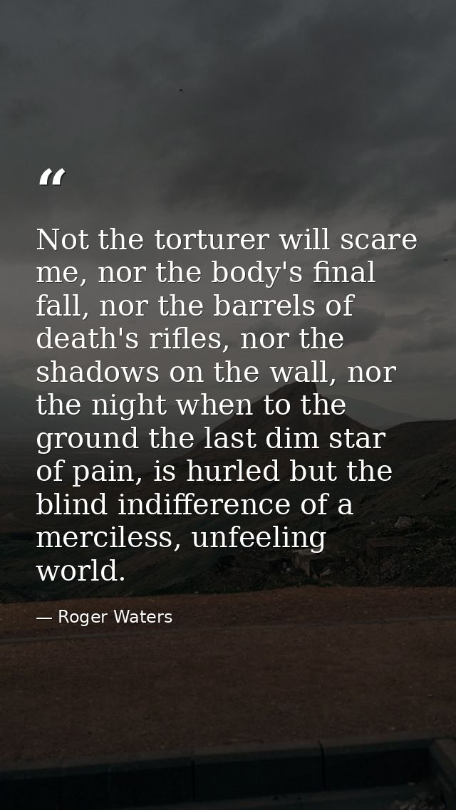 Not the torturer will scare me, nor the body's final fall, nor the barrels of death's rifles, nor the shadows on the wal — Roger Waters