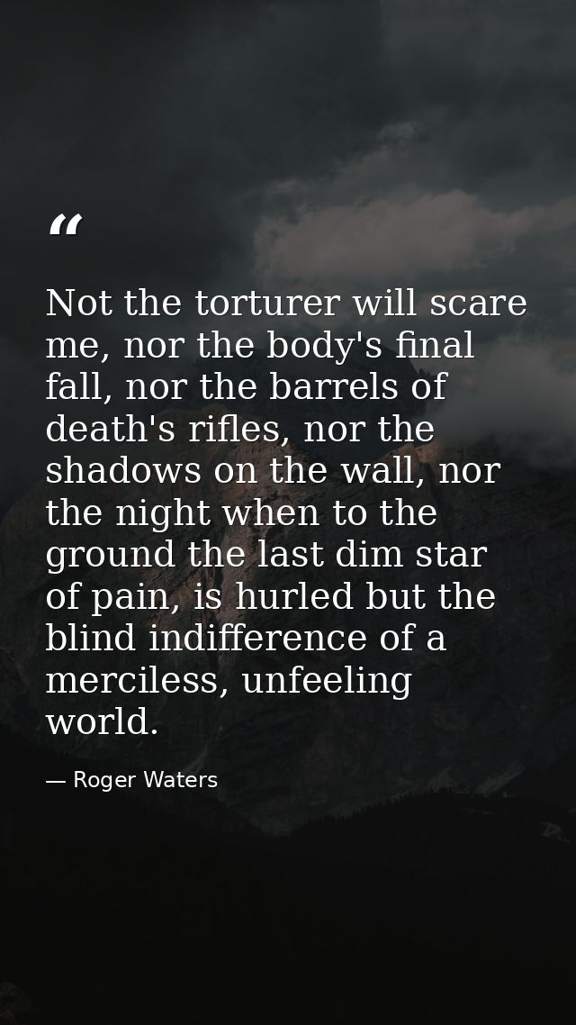 Not the torturer will scare me, nor the body's final fall, nor the barrels of death's rifles, nor the shadows on the wal — Roger Waters
