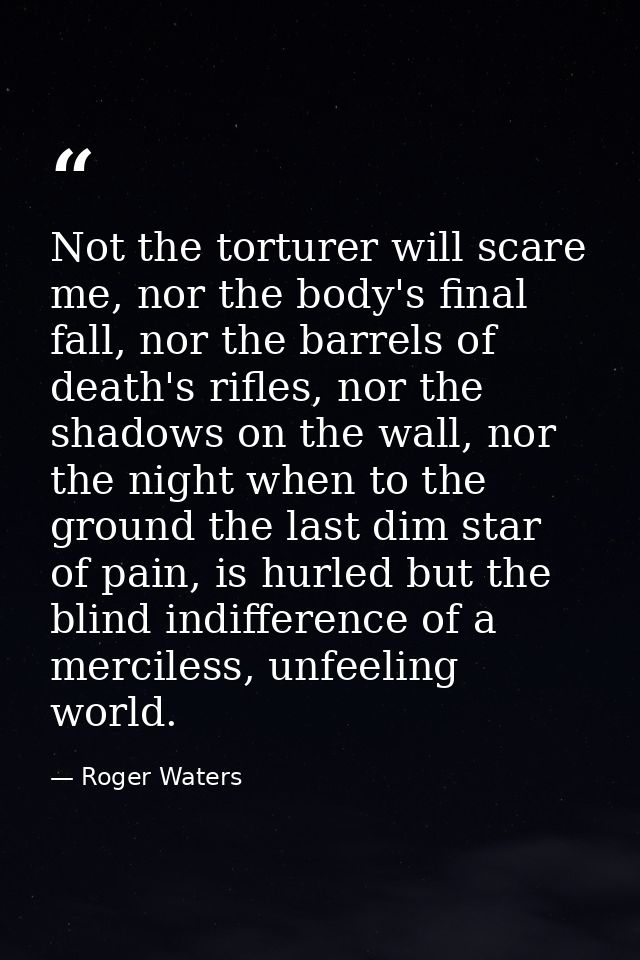 Not the torturer will scare me, nor the body's final fall, nor the barrels of death's rifles, nor the shadows on the wal — Roger Waters