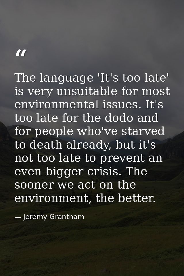 The language 'It's too late' is very unsuitable for most environmental issues. It's too late for the dodo and for people — Jeremy Grantham