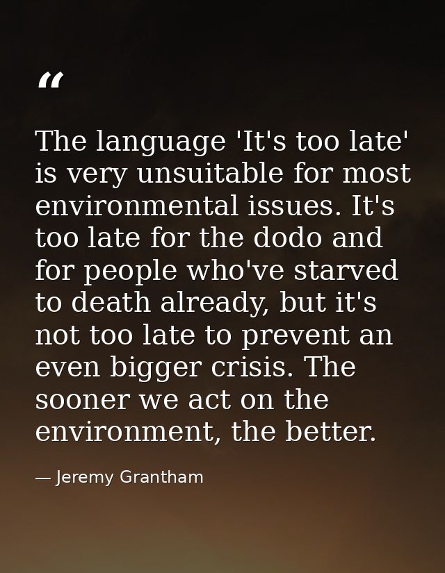 The language 'It's too late' is very unsuitable for most environmental issues. It's too late for the dodo and for people — Jeremy Grantham