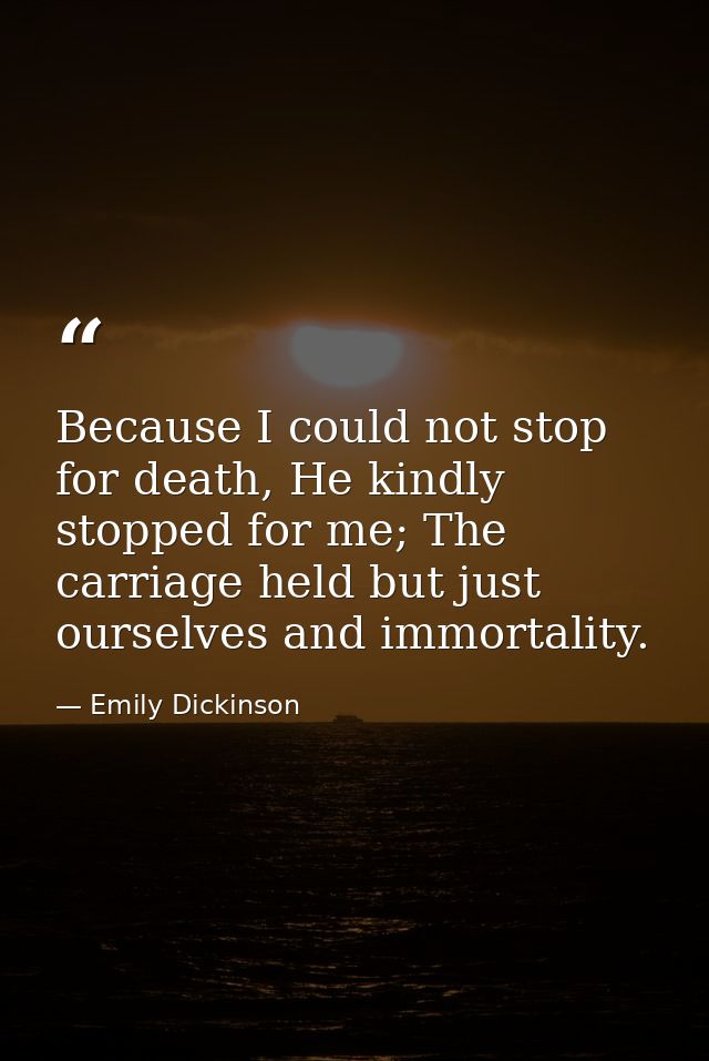 Because I could not stop for death, He kindly stopped for me; The carriage held but just ourselves and immortality. — Emily Dickinson