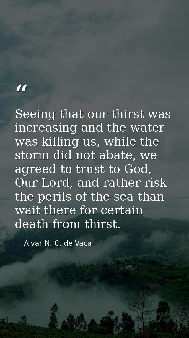 Seeing that our thirst was increasing and the water was killing us, while the storm did not abate, we agreed to trust to — Alvar N. C. de Vaca