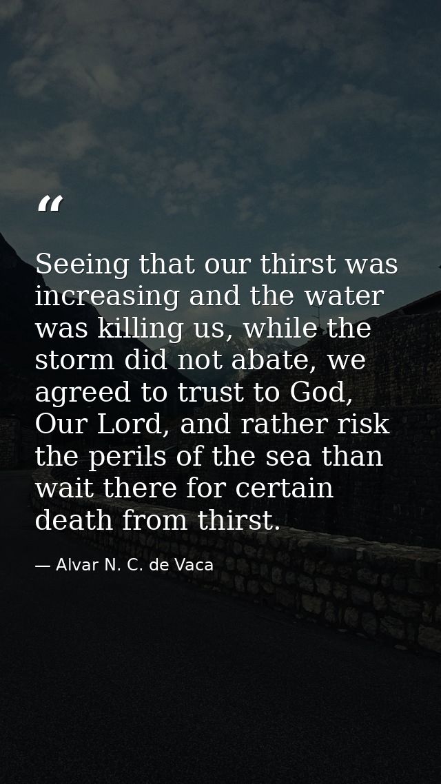 Seeing that our thirst was increasing and the water was killing us, while the storm did not abate, we agreed to trust to — Alvar N. C. de Vaca