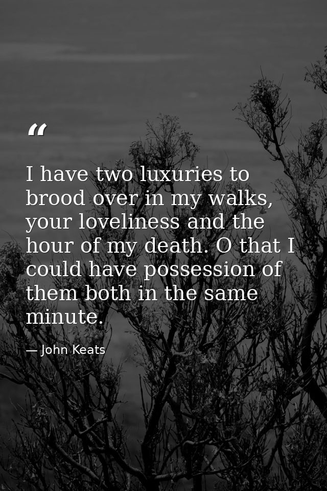 I have two luxuries to brood over in my walks, your loveliness and the hour of my death. O that I could have possession  — John Keats