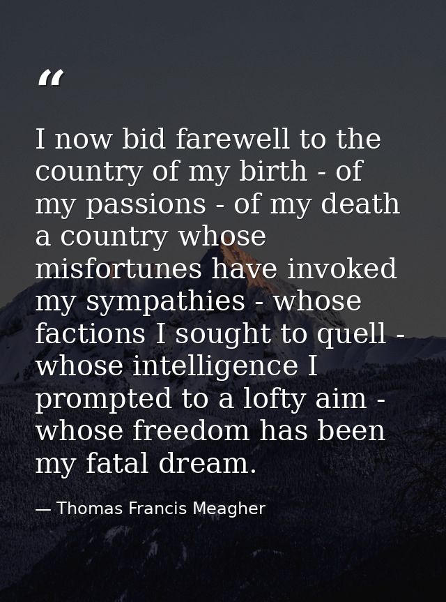 I now bid farewell to the country of my birth - of my passions - of my death a country whose misfortunes have invoked my — Thomas Francis Meagher