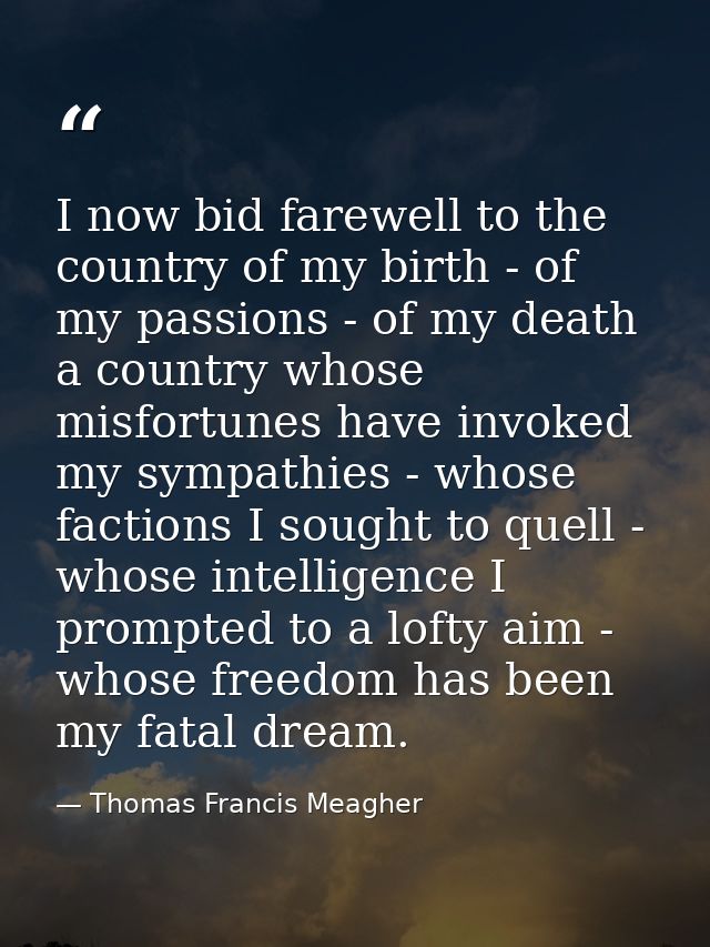I now bid farewell to the country of my birth - of my passions - of my death a country whose misfortunes have invoked my — Thomas Francis Meagher