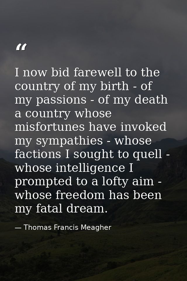 I now bid farewell to the country of my birth - of my passions - of my death a country whose misfortunes have invoked my — Thomas Francis Meagher