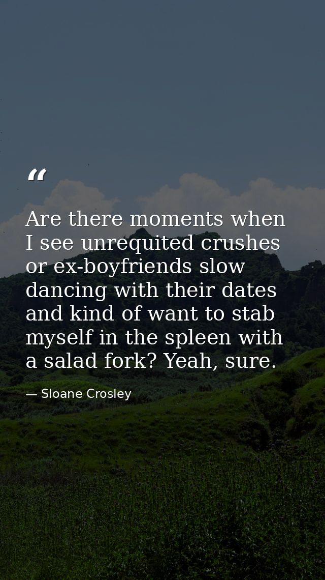 Are there moments when I see unrequited crushes or ex-boyfriends slow dancing with their dates and kind of want to stab  — Sloane Crosley
