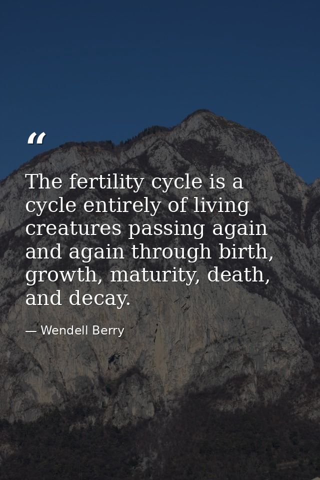 The fertility cycle is a cycle entirely of living creatures passing again and again through birth, growth, maturity, dea — Wendell Berry