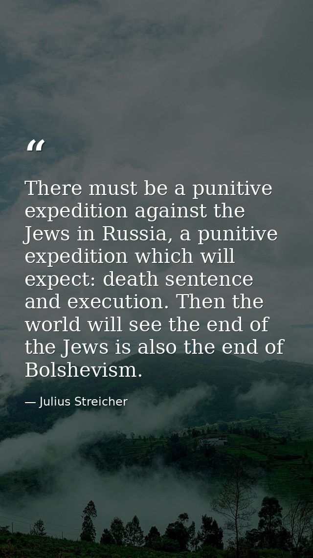 There must be a punitive expedition against the Jews in Russia, a punitive expedition which will expect: death sentence  — Julius Streicher