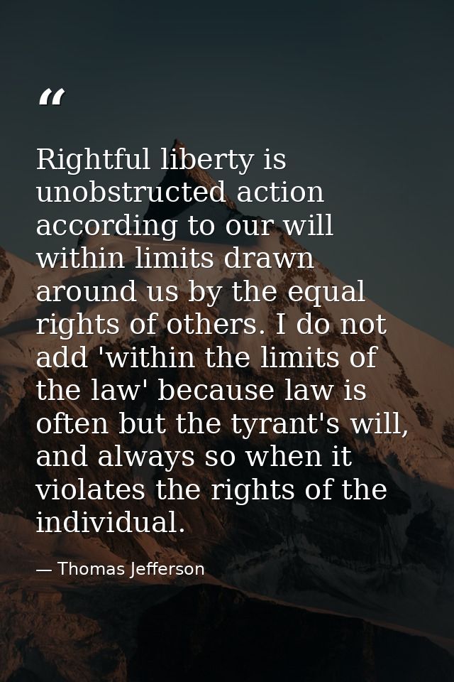 Rightful liberty is unobstructed action according to our will within limits drawn around us by the equal rights of other — Thomas Jefferson