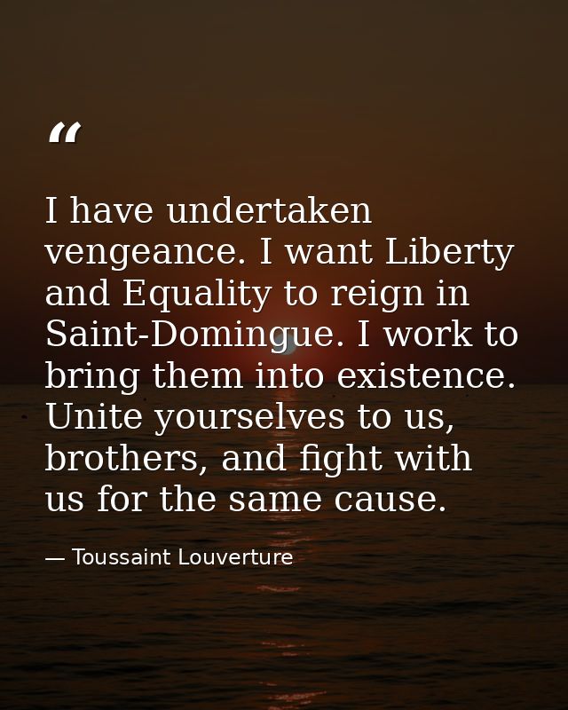I have undertaken vengeance. I want Liberty and Equality to reign in Saint-Domingue. I work to bring them into existence — Toussaint Louverture