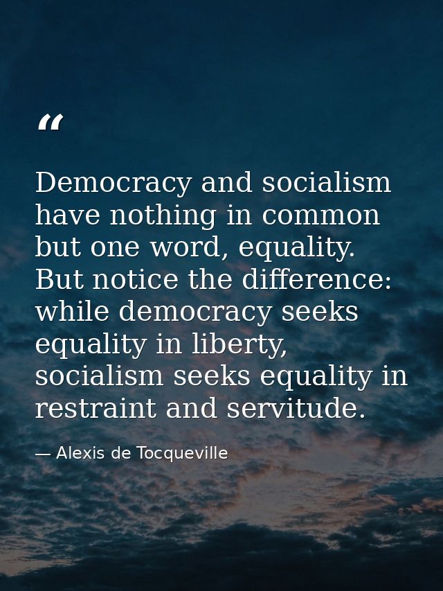 Democracy and socialism have nothing in common but one word, equality. But notice the difference: while democracy seeks  — Alexis de Tocqueville