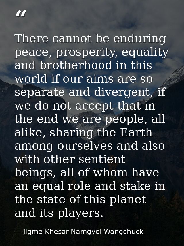 There cannot be enduring peace, prosperity, equality and brotherhood in this world if our aims are so separate and diver — Jigme Khesar Namgyel Wangchuck