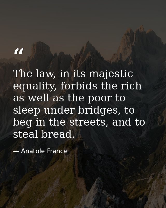 The law, in its majestic equality, forbids the rich as well as the poor to sleep under bridges, to beg in the streets, a — Anatole France