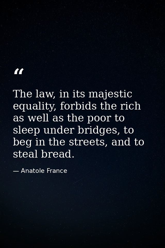 The law, in its majestic equality, forbids the rich as well as the poor to sleep under bridges, to beg in the streets, a — Anatole France