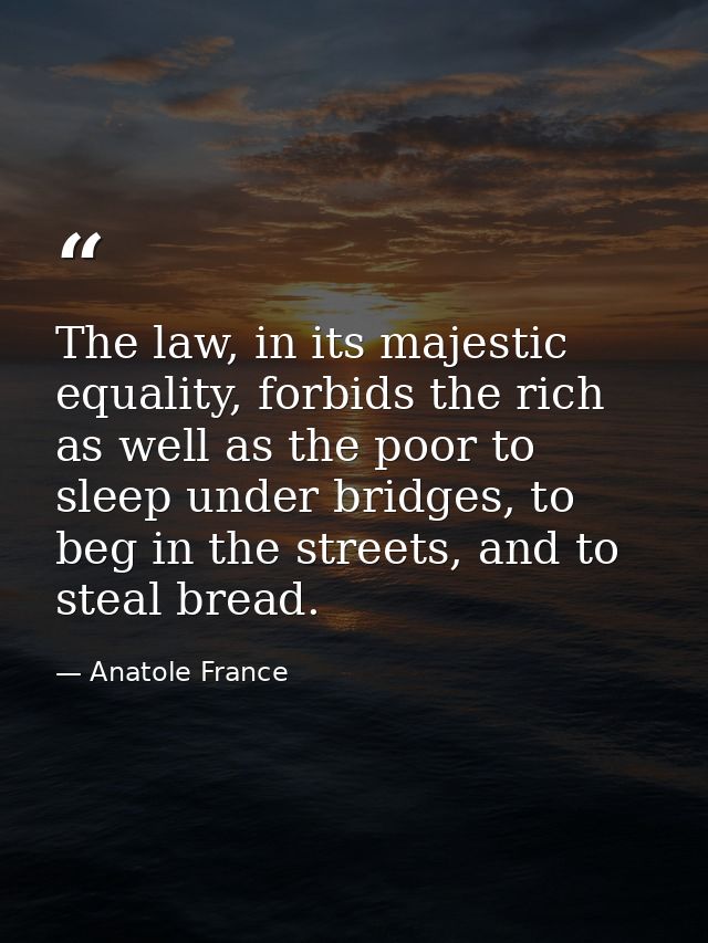 The law, in its majestic equality, forbids the rich as well as the poor to sleep under bridges, to beg in the streets, a — Anatole France