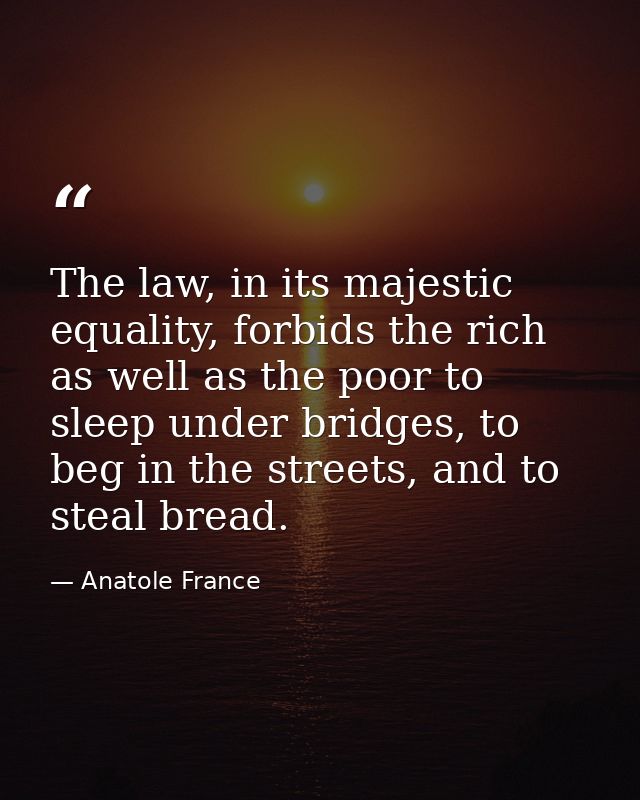 The law, in its majestic equality, forbids the rich as well as the poor to sleep under bridges, to beg in the streets, a — Anatole France