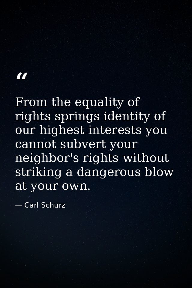 From the equality of rights springs identity of our highest interests you cannot subvert your neighbor's rights without  — Carl Schurz
