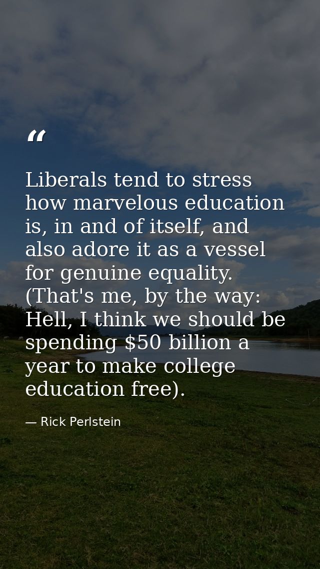 Liberals tend to stress how marvelous education is, in and of itself, and also adore it as a vessel for genuine equality — Rick Perlstein
