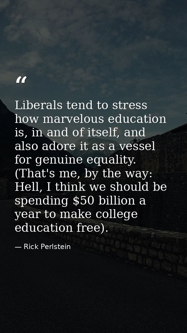 Liberals tend to stress how marvelous education is, in and of itself, and also adore it as a vessel for genuine equality — Rick Perlstein