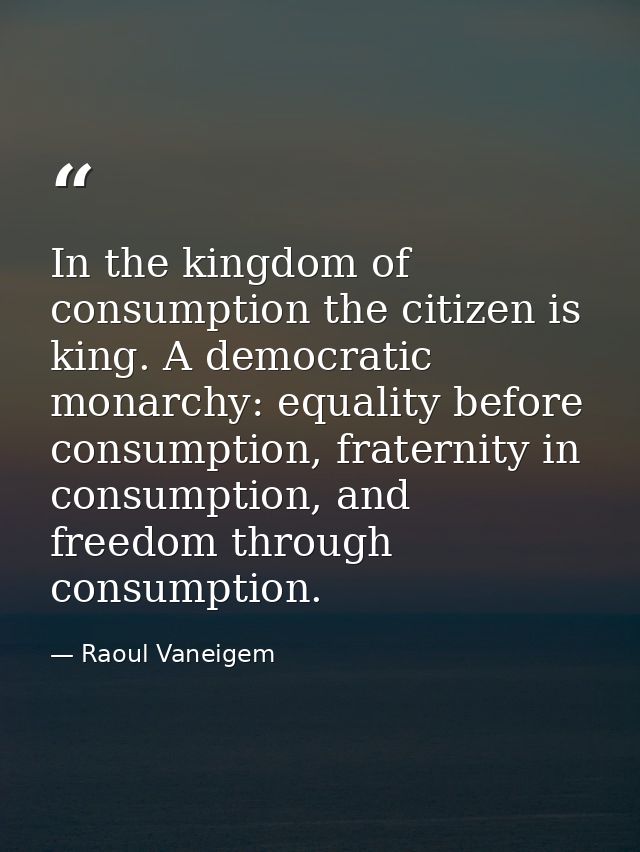 In the kingdom of consumption the citizen is king. A democratic monarchy: equality before consumption, fraternity in con — Raoul Vaneigem