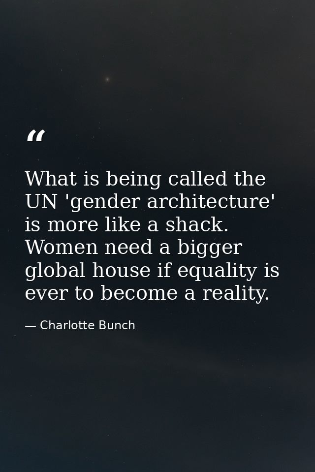 What is being called the UN 'gender architecture' is more like a shack. Women need a bigger global house if equality is  — Charlotte Bunch