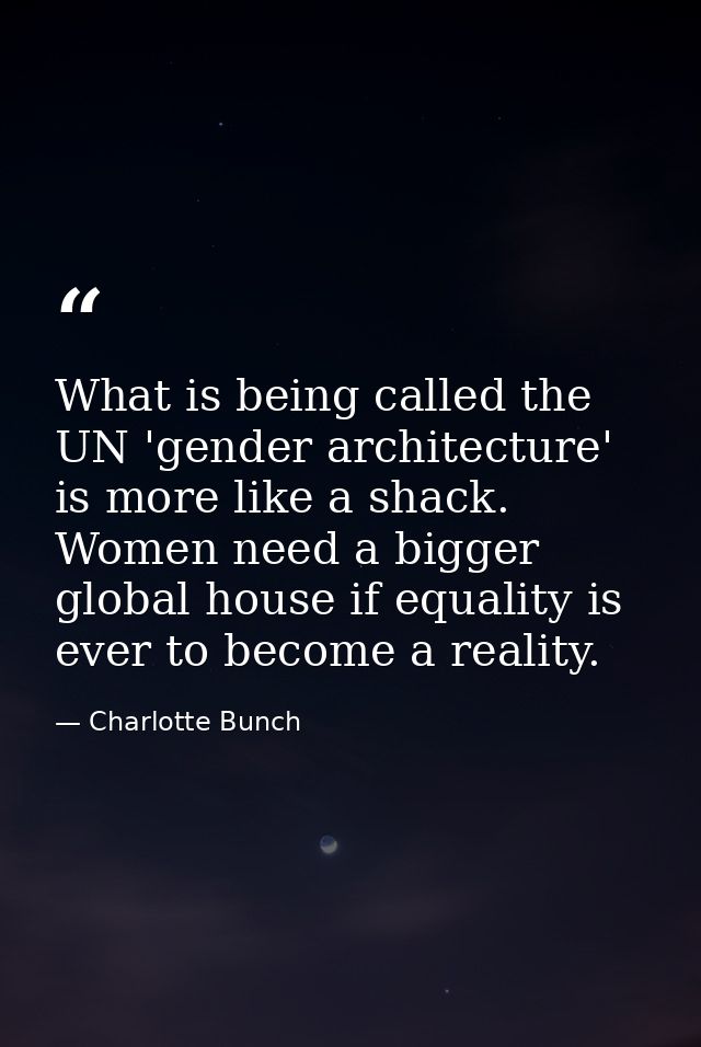 What is being called the UN 'gender architecture' is more like a shack. Women need a bigger global house if equality is  — Charlotte Bunch