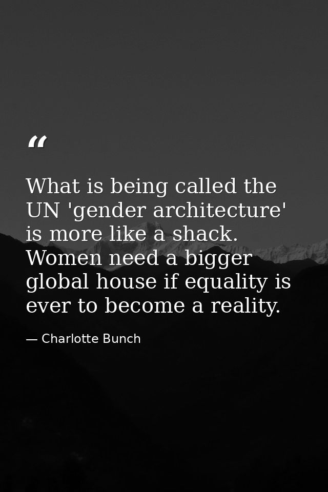 What is being called the UN 'gender architecture' is more like a shack. Women need a bigger global house if equality is  — Charlotte Bunch