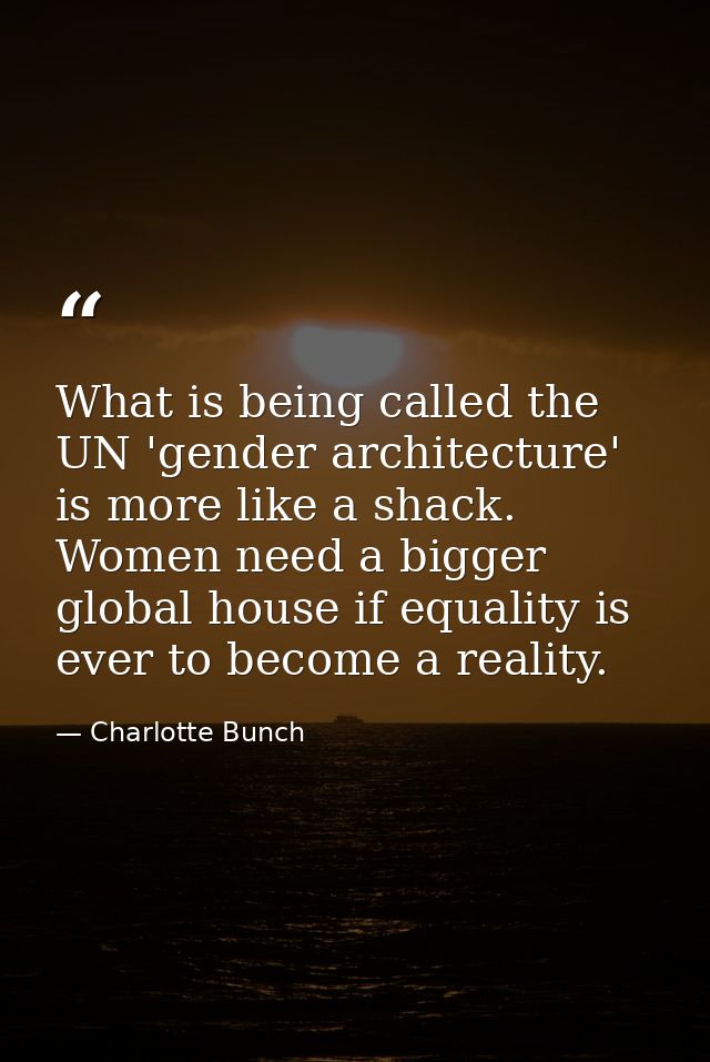 What is being called the UN 'gender architecture' is more like a shack. Women need a bigger global house if equality is  — Charlotte Bunch